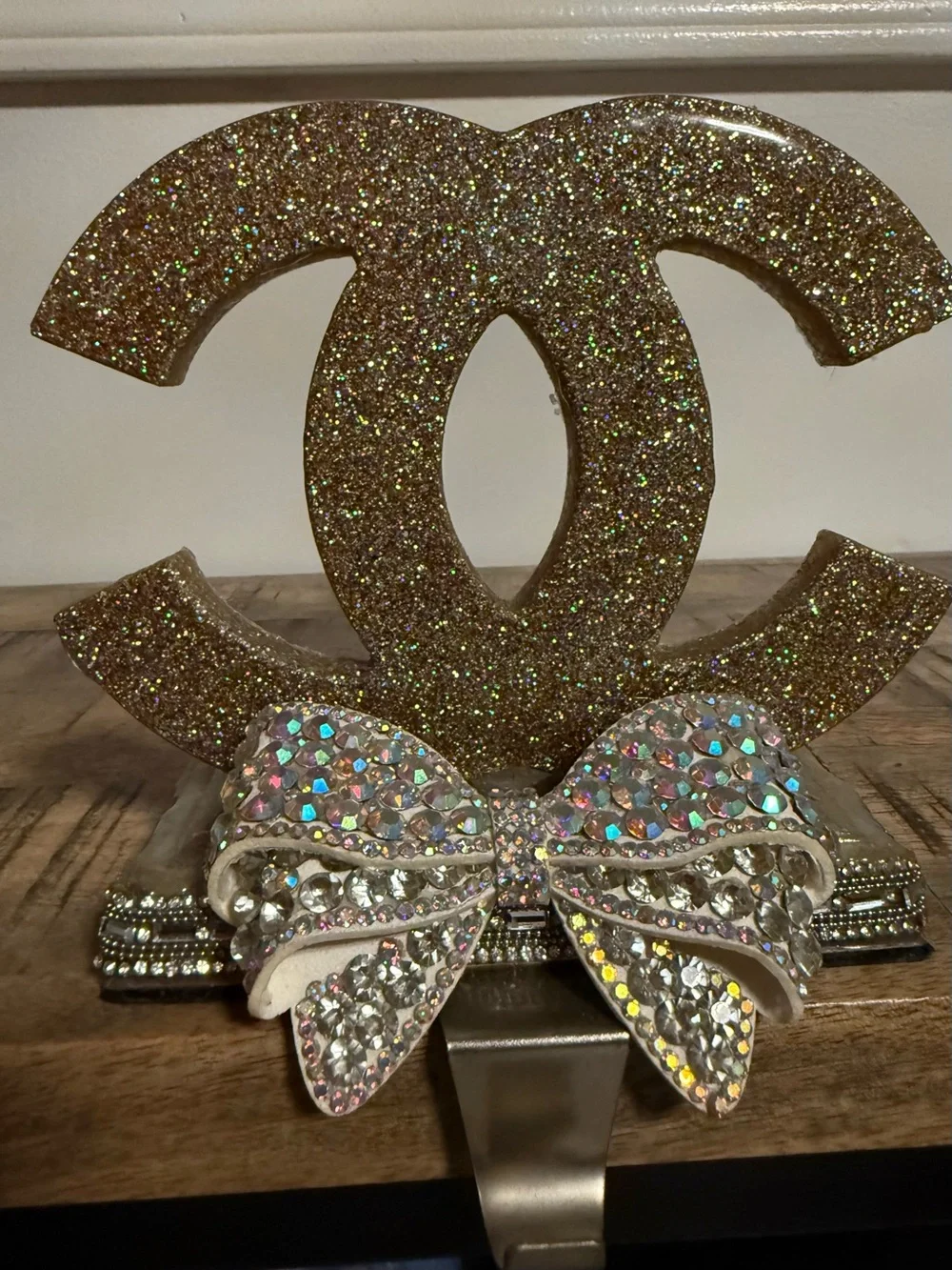 Glitter Rhinestone Bow Christmas Stocking Holder Glam Mantel Decor Handmade